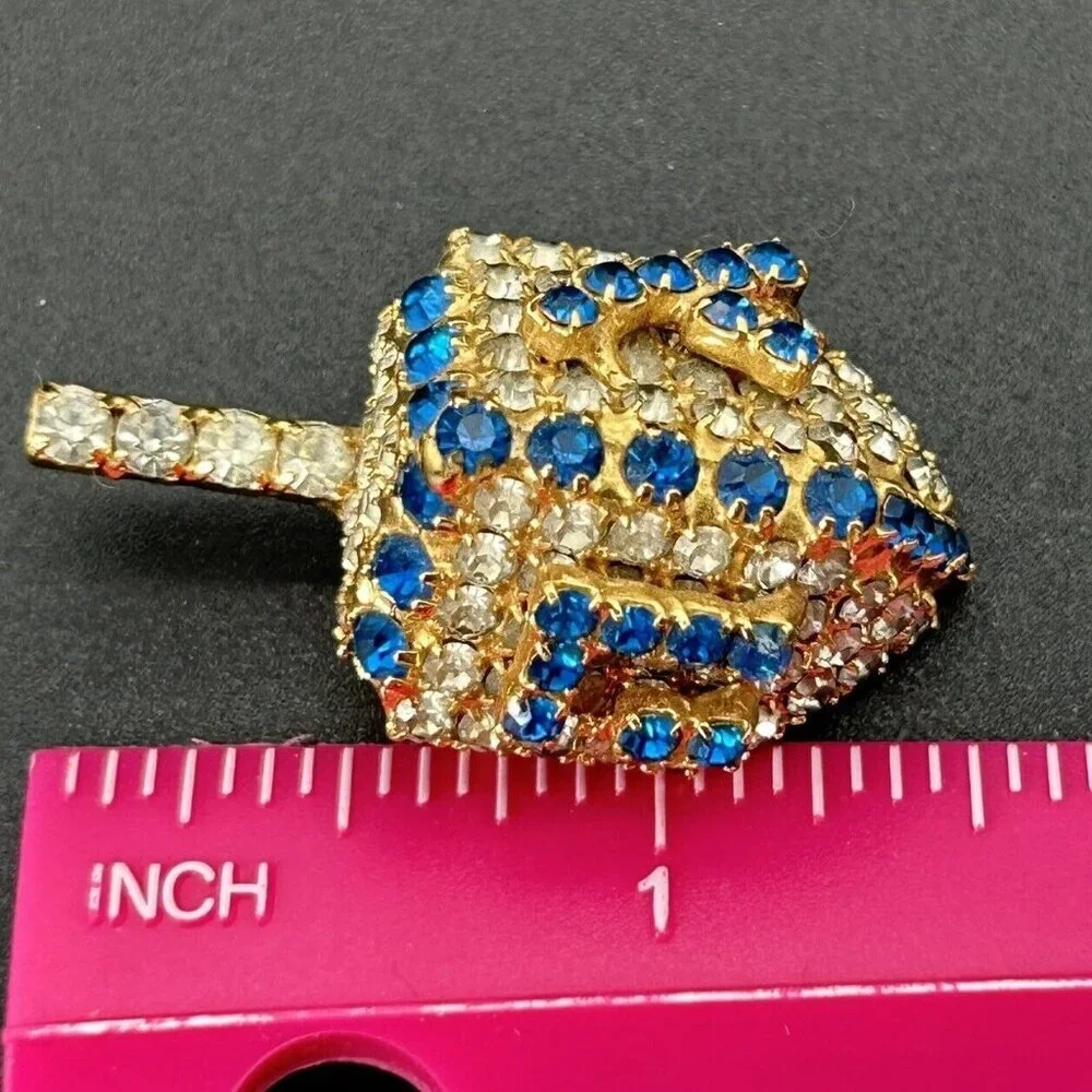 Vintage Bauer Brooch Pin Dreidel Gold Tone Clear Blue Rhinestones Bling 3D